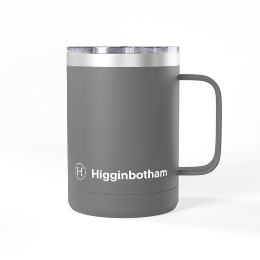 Personalized 15oz Insulated Coffee Tumbler Mug — 'Higginbotham' Logo Travel Cup