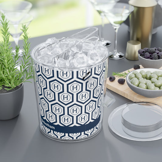 Monogram Hexagon Ice Bucket with Tongs – Navy Geometric Bar Cooler