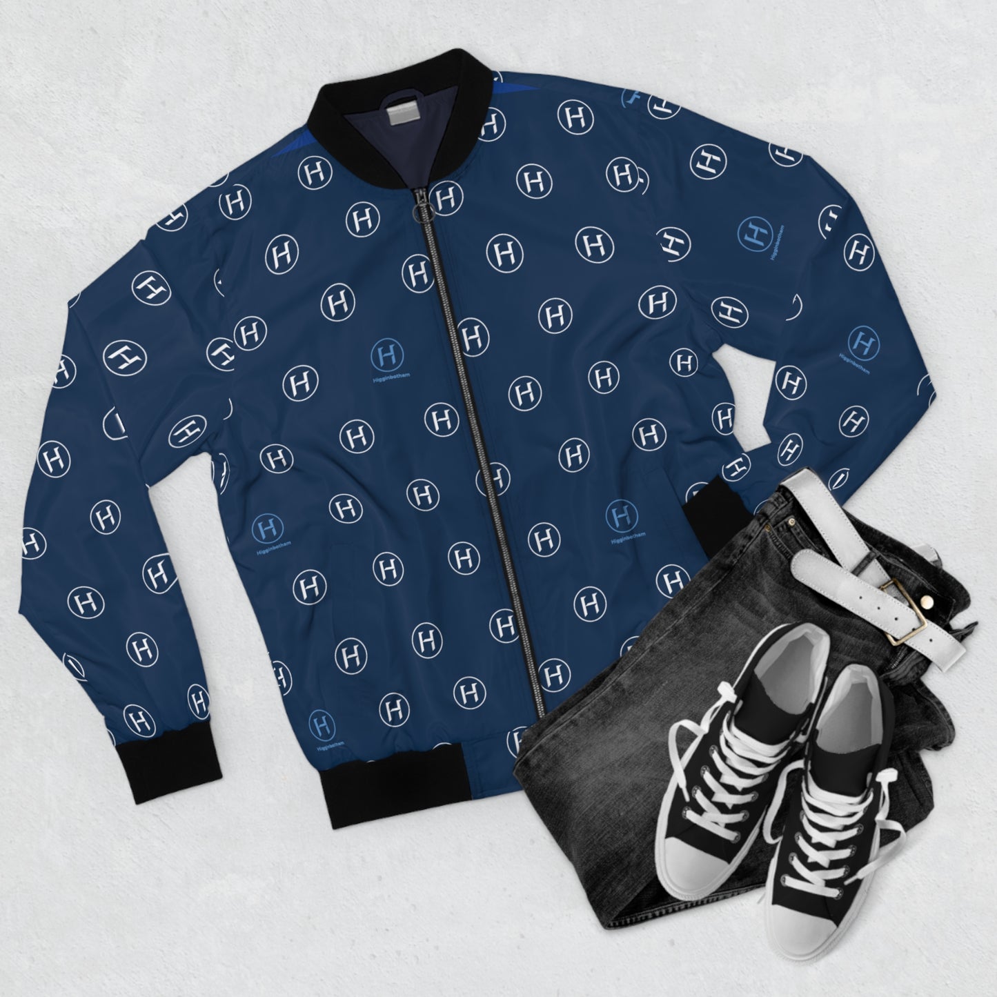 Navy Monogram Bomber Jacket — All-Over H Pattern Unisex Jacket