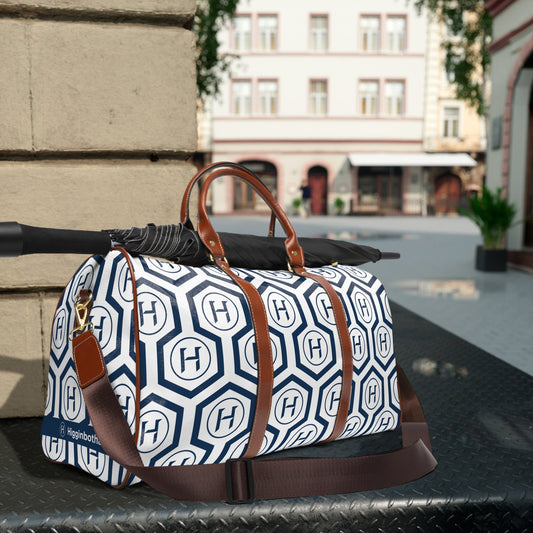 Monogram Hexagon Waterproof Travel Bag – Navy & White Duffle with Leather Handles