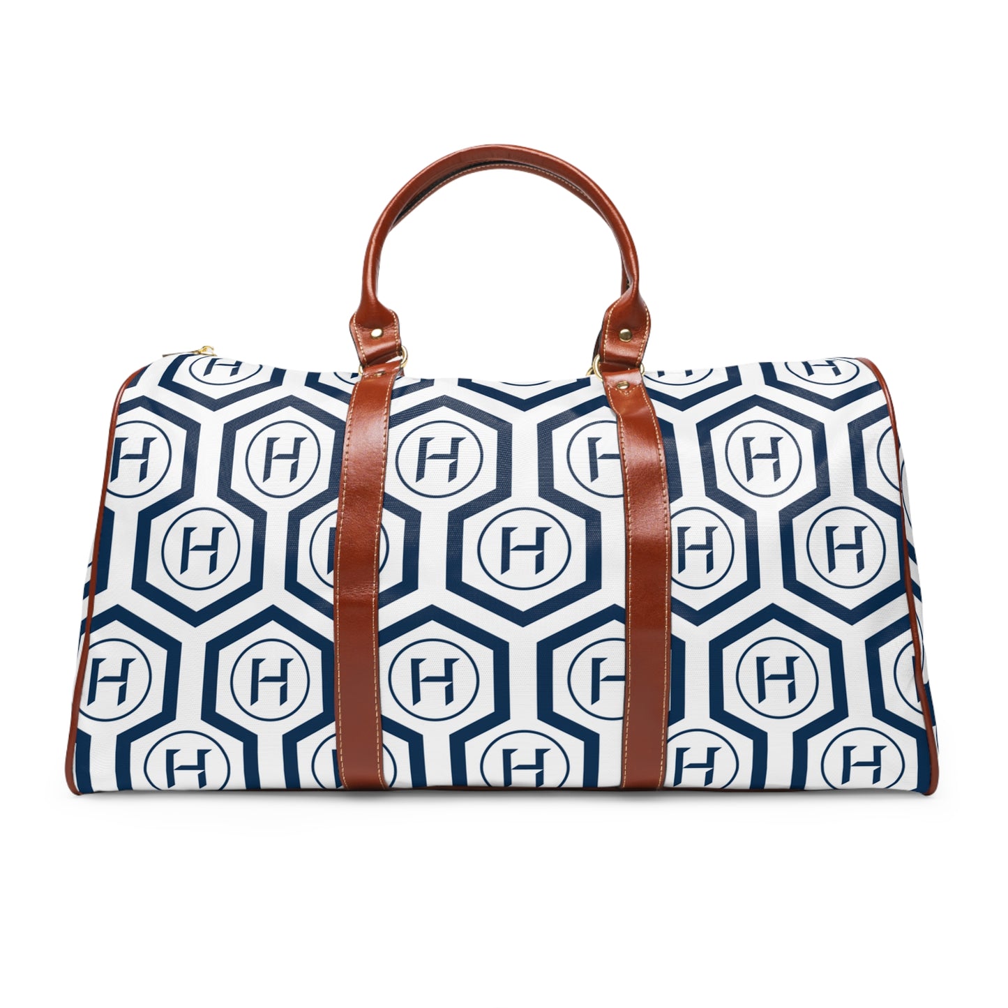 Monogram Hexagon Waterproof Travel Bag – Navy & White Duffle with Leather Handles