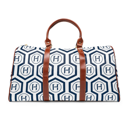 Monogram Hexagon Waterproof Travel Bag – Navy & White Duffle with Leather Handles
