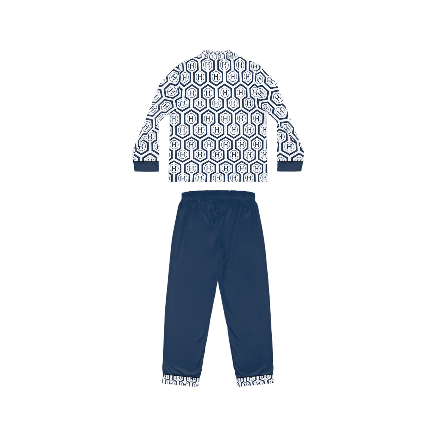Ladies' Monogram Satin Pajama Set — Navy Hex Pattern
