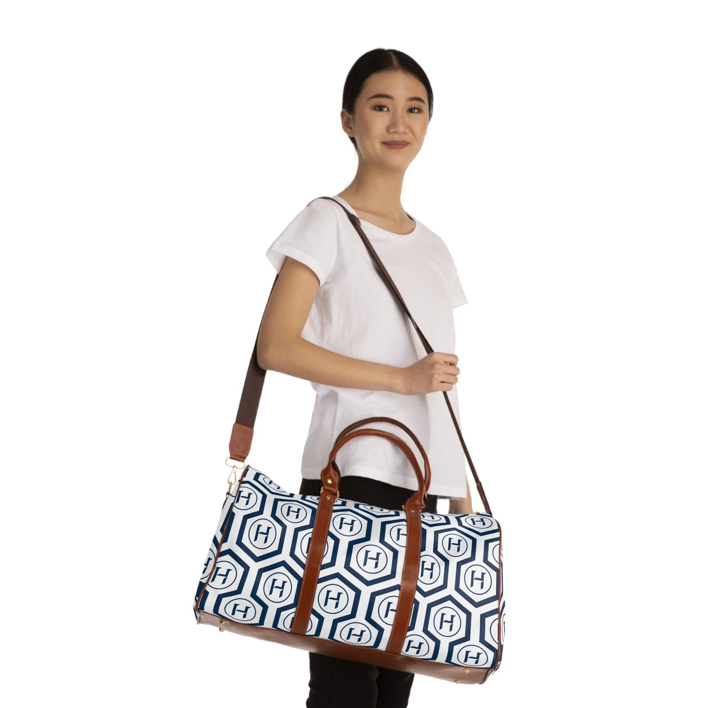 Monogram Hexagon Waterproof Travel Bag – Navy & White Duffle with Leather Handles