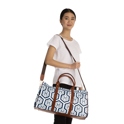 Monogram Hexagon Waterproof Travel Bag – Navy & White Duffle with Leather Handles