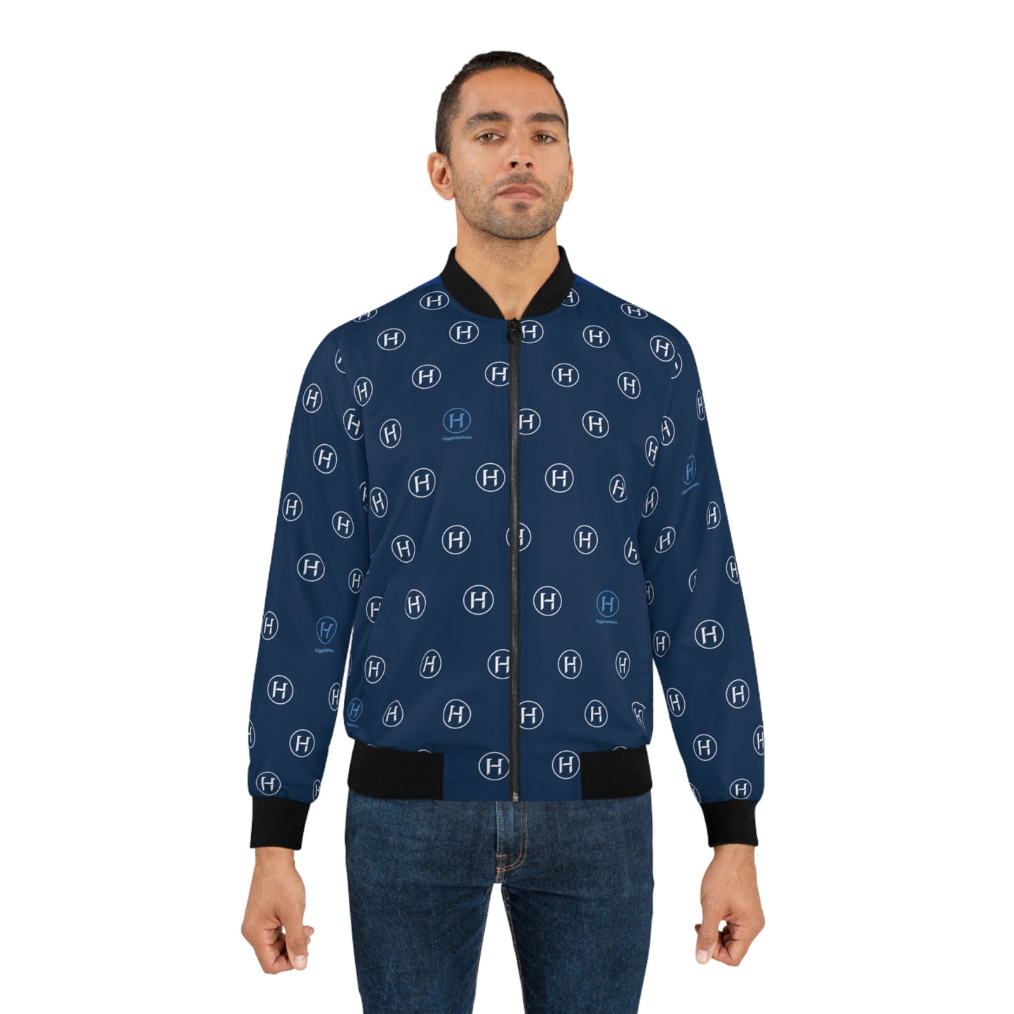 Navy Monogram Bomber Jacket — All-Over H Pattern Unisex Jacket