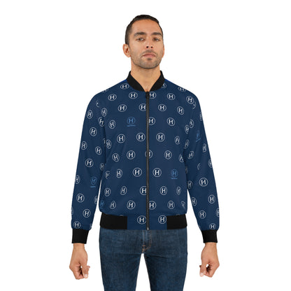 Navy Monogram Bomber Jacket — All-Over H Pattern Unisex Jacket