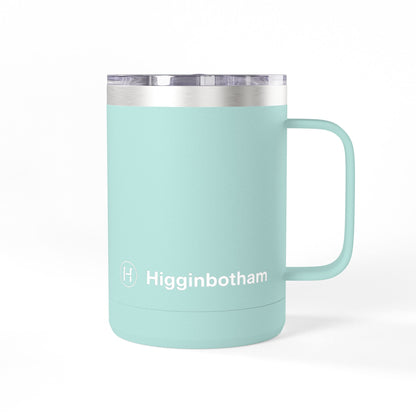 Personalized 15oz Insulated Coffee Tumbler Mug — 'Higginbotham' Logo Travel Cup