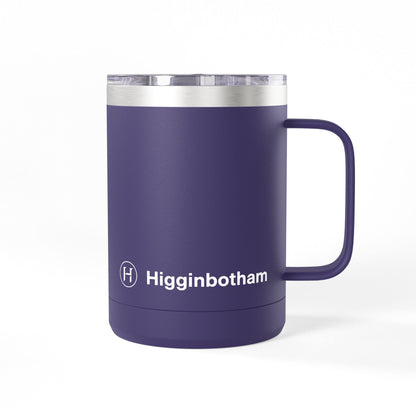 Personalized 15oz Insulated Coffee Tumbler Mug — 'Higginbotham' Logo Travel Cup