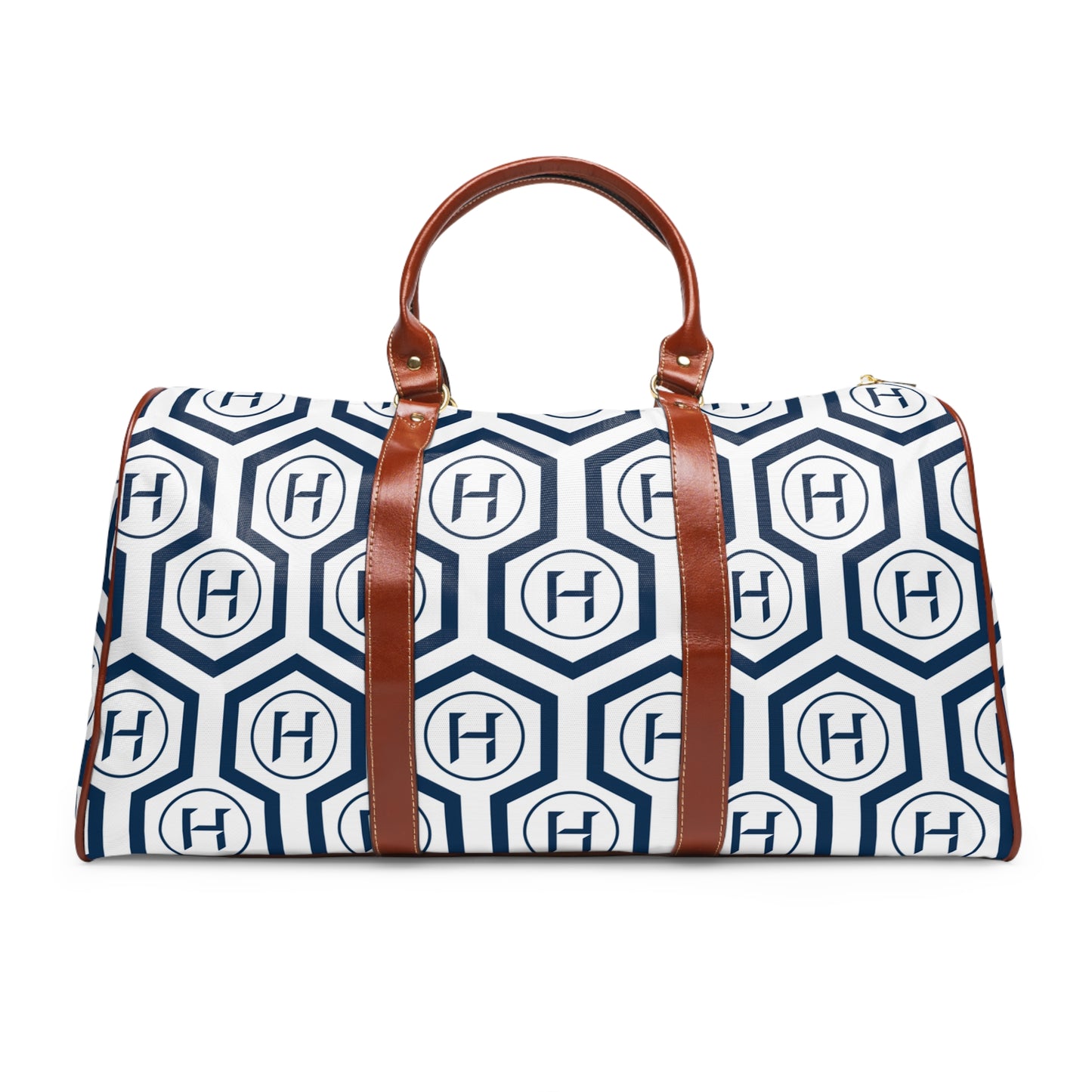 Monogram Hexagon Waterproof Travel Bag – Navy & White Duffle with Leather Handles