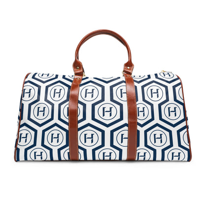 Monogram Hexagon Waterproof Travel Bag – Navy & White Duffle with Leather Handles