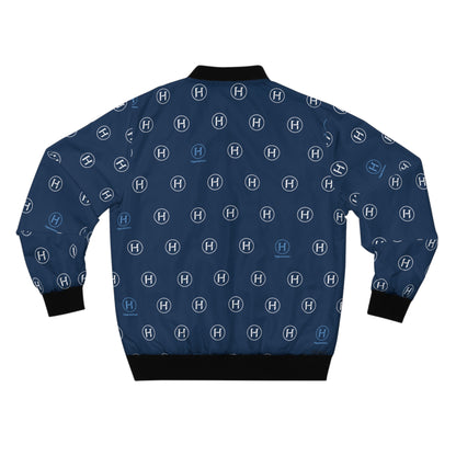 Navy Monogram Bomber Jacket — All-Over H Pattern Unisex Jacket