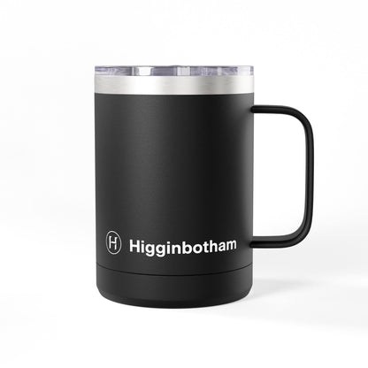 Personalized 15oz Insulated Coffee Tumbler Mug — 'Higginbotham' Logo Travel Cup