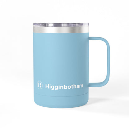 Personalized 15oz Insulated Coffee Tumbler Mug — 'Higginbotham' Logo Travel Cup