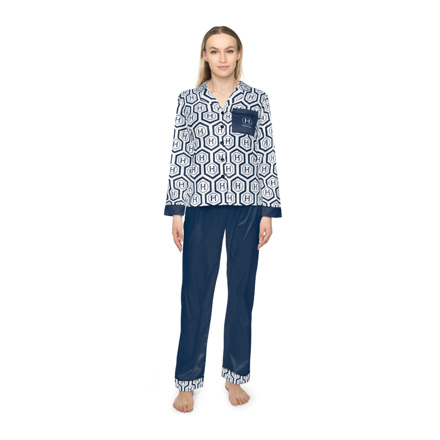 Ladies' Monogram Satin Pajama Set — Navy Hex Pattern