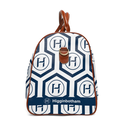 Monogram Hexagon Waterproof Travel Bag – Navy & White Duffle with Leather Handles