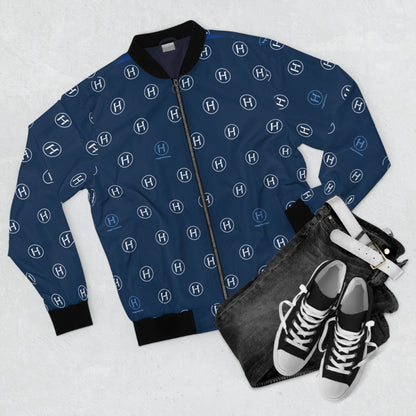 Navy Monogram Bomber Jacket — All-Over H Pattern Unisex Jacket