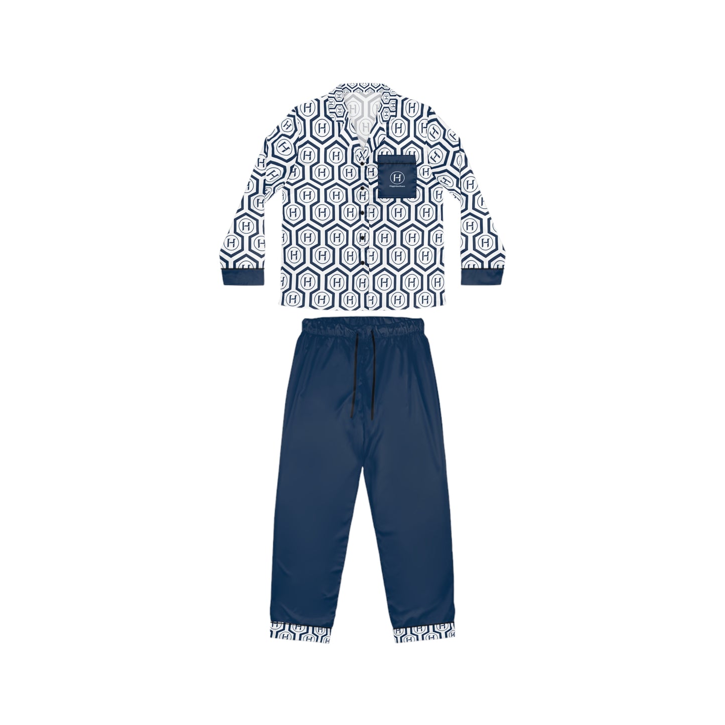Ladies' Monogram Satin Pajama Set — Navy Hex Pattern