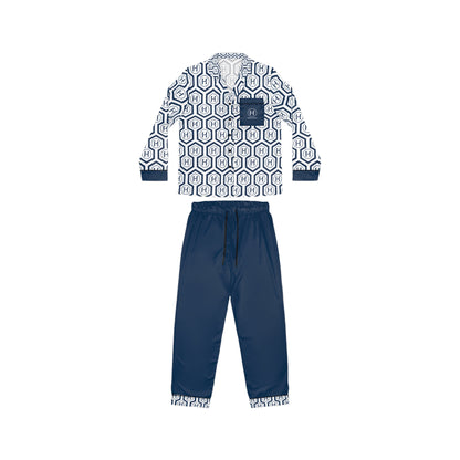 Ladies' Monogram Satin Pajama Set — Navy Hex Pattern