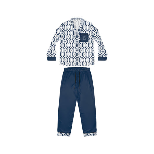 Ladies' Monogram Satin Pajama Set — Navy Hex Pattern