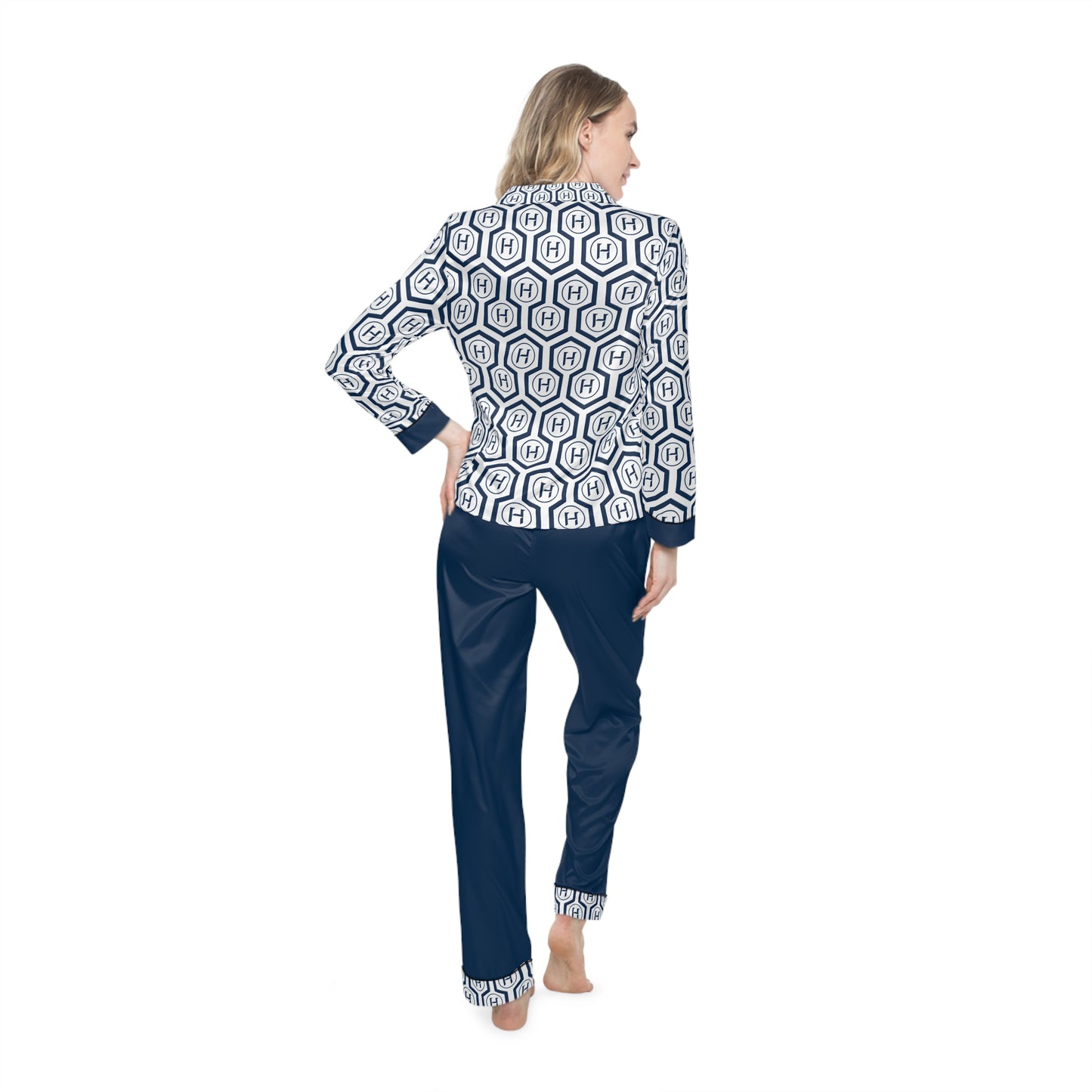 Ladies' Monogram Satin Pajama Set — Navy Hex Pattern