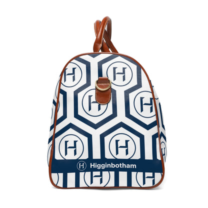 Monogram Hexagon Waterproof Travel Bag – Navy & White Duffle with Leather Handles