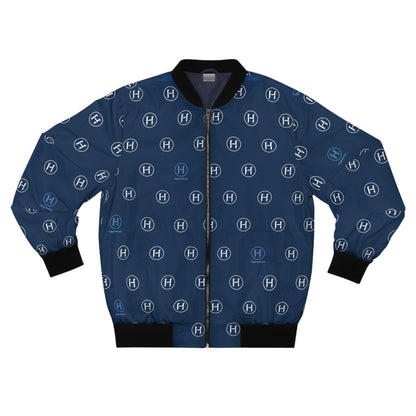 Navy Monogram Bomber Jacket — All-Over H Pattern Unisex Jacket