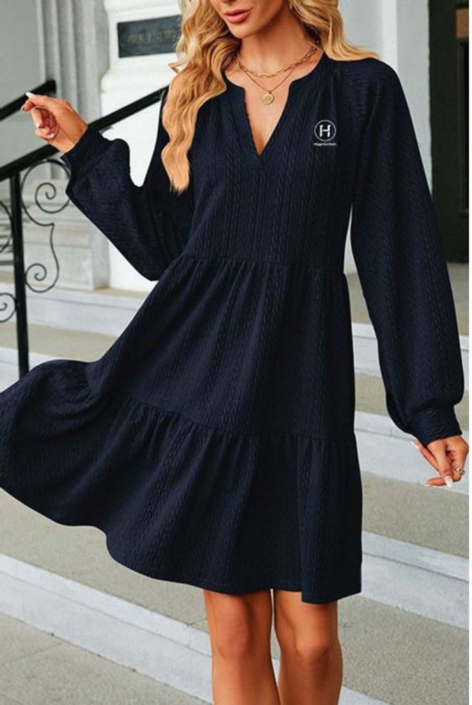 Plain V Neck Jacquard Tiered Dress